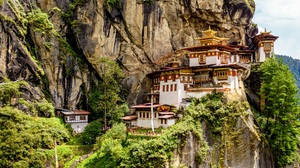 Bhutan Nature Rock Taktsang Monastery Trees Temple Cliff House Buddhism Mountains Asia Outdoors Rock 3840x2160 Wallpaper