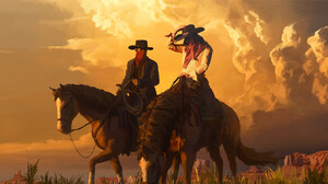 Yongfei Liu Digital 2D Digital Art Artwork Illustration Western Cowboys Horse Oil Painting Clouds Co 3840x1633 Wallpaper