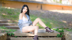 Asian Model Women Long Hair Dark Hair Sitting Depth Of Field 3280x2187 Wallpaper