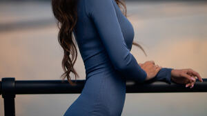 Dmitry Shulgin Women Brunette Long Hair Wavy Hair Blue Eyes Looking At Viewer Dress Blue Clothing Fe 1365x2048 Wallpaper