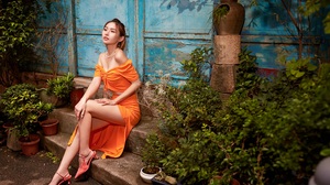 Max Chang Women Asian Brunette Orange Clothing Plants Bare Shoulders Legs Garden Pearl Necklace 3000x2000 wallpaper