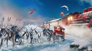 Reindeer Santa Sleigh Train Winter 3840x1600 Wallpaper