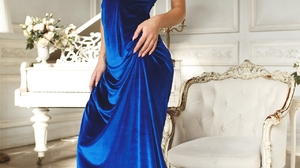 Stepan Kvardakov Women Brunette Dress Blue Clothing Velvet Glamour Flowers Piano Blue Dress 1280x1920 wallpaper