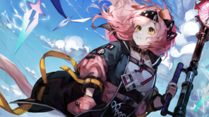 Anime Artwork Anime Girls Pink Hair Yellow Eyes Animal Ears Clouds 3200x1800 Wallpaper