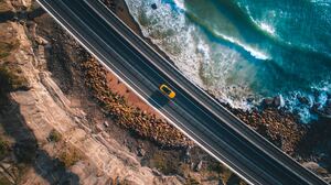 Aerial Car Coast Highway Road Rock Wave Yellow Car 3465x2308 Wallpaper