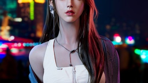 CGi Digital Art Artwork Long Hair Asian Necklace City Lights 1920x1923 Wallpaper