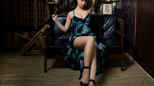 Asian Model Women Long Hair Dark Hair Depth Of Field Couch Ning Shioulin Black Heels Flower Dress Si 3840x3072 Wallpaper