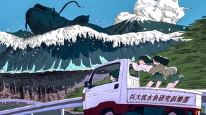 Komugiko2000 Anime Girls Tsunami Digital Art Carp Water Fish Animals Truck Sky Mountains Vehicle Jap 4968x3436 Wallpaper
