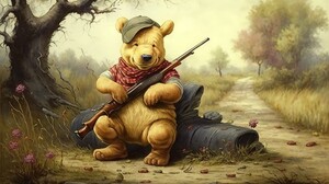 Ai Art Illustration Winnie The Pooh Shotgun Gun Hat Animals Log Path 4579x2616 Wallpaper