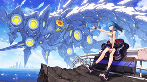 Anime Anime Girls Nakamura Eight Artwork Blue Hair Red Eyes Creature 3557x2000 Wallpaper