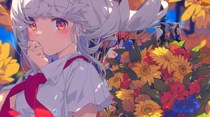 Original Characters Sunflowers Schoolgirl School Uniform White Hair Flowers Red Eyes 1050x1447 Wallpaper