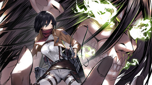 Shingeki No Kyojin Eren Jeager Mikasa Ackerman Giant Glowing Eyes Lightning Black Hair Scarf Sword A 3840x2160 Wallpaper