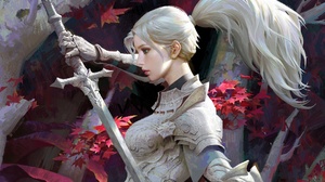 Sword Knight Woman Warrior White Hair Ponytail Armor 1920x1306 Wallpaper