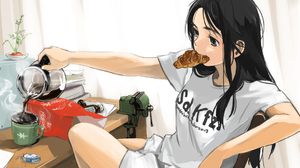 Anime Anime Girls Original Characters Anime Girls Eating Black Hair Black Eyes Coffee 1920x1080 Wallpaper