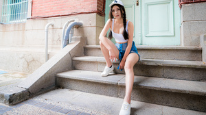 Asian Model Women Long Hair Dark Hair Twintails Sitting Stairs Pipes White Shoes White Tops Baseball 3840x2561 Wallpaper
