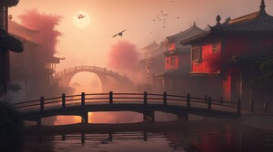 Ai Art Illustration Bridge China Village Sun Birds Water Reflection 4579x2616 Wallpaper