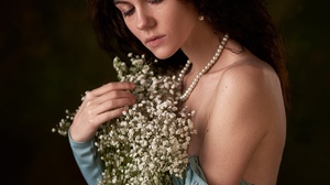 Max Pyzhik Women Brunette Flowers Necklace Bare Shoulders Beads Simple Background 1280x1600 Wallpaper