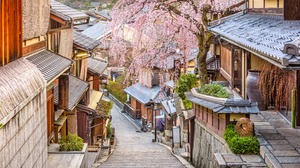 Landscape Cherry Blossom House Building Stairs Village 7360x4912 Wallpaper