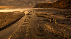 Sunset Stream Ocean Cliff Stone Sand 2048x1365 wallpaper