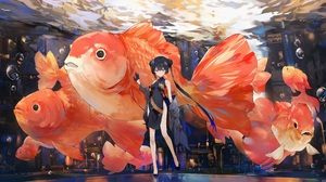 Anime Anime Girls Fish Chinese Dress Gloves Twintails Hairbun Bubbles 7097x3770 Wallpaper