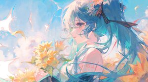 Hatsune Miku Flowers Anime Girls Vocaloid Blue Hair Blue Eyes Flower In Hair Petals 3344x2000 Wallpaper