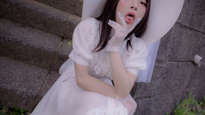 Women Model Asian Cosplay Women With Hats Dress White Clothing Women Outdoors Tongue Out 3840x5760 Wallpaper