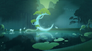 Qian Wei Digital Art Fantasy Art Deer Lake Forest Lily Pads Trees Crescent Moon Reflection 1920x1022 Wallpaper