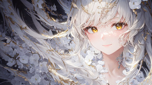 Anime Anime Girls White Hair Yellow Eyes Long Hair Flowers White Clothing Ai Art Flower In Hair Look 5120x3840 Wallpaper