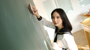 Classroom Chalkboard Asian School Uniform Black Hair 6240x4160 Wallpaper