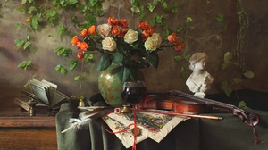 Bouquet Rose Vase Violin Book Sculpture 1920x1133 Wallpaper
