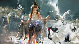 Artwork Women Fantasy Art Fantasy Girl Animals Birds In Water Women Outdoors Long Hair 1920x1060 Wallpaper