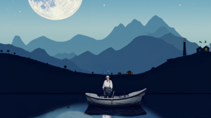 Adobe Firefly Landscape Fisherman Lake Moon Sky Clouds Mountains Water Reflection Boat Standing 2000x2000 Wallpaper
