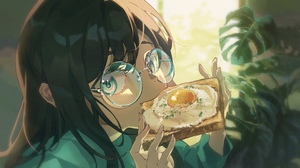 Anime Anime Girls Digital Art Artwork Pixiv Looking At Viewer 2D Anime Girls Eating Toast Eggs Leave 4008x2417 Wallpaper
