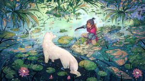 Christian Benavides Digital Art Fantasy Art Wolf Lily Pads River Artwork Water Animals Flowers Natur 3840x2160 Wallpaper