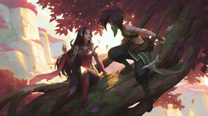 Dao Trong Le Artwork Fantasy Art Fantasy Girl Two Women Trees Women Outdoors League Of Legends Akali 2500x1429 Wallpaper