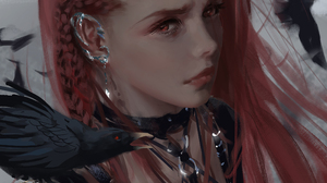 WLOP Digital Art Redhead Crow Fantasy Girl Birds Face Women 2200x4244 Wallpaper