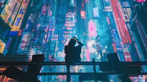 Digital Art Cyberpunk Neon Looking Away Symmetry Futuristic City City City Lights Portrait Display B 2160x2700 Wallpaper