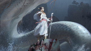 Sung Choi Artwork Fantasy Art Dragon Creature Fantasy Girl Women Standing Staff White Dress Sea 1000x1425 Wallpaper