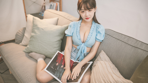 Winnie Qian Women Model Brunette Bangs Asian Looking At Viewer Blue Tops Socks Couch Indoors Women I 3840x2560 Wallpaper