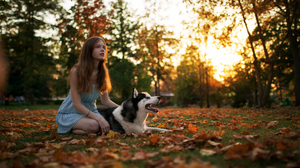 Women Model Maxim Gustarev Outdoors Blue Blouse Long Hair Dog Siberian Husky Leaf Fall Looking Away  5691x3201 Wallpaper