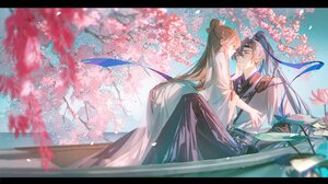 Cherry Blossom Anime Girls Anime Boys Boat Branch Flowers Long Hair Ponytail Petals Leaves Anime Cou 4000x2251 Wallpaper