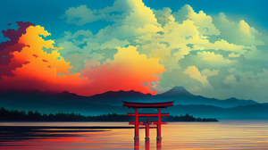 Japan Torii Sunset Water Clouds Ai Art Ai Painting Landscape 2304x1536 Wallpaper