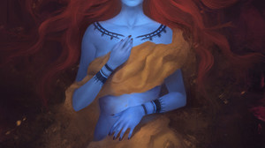 Blue Skin Women Tattoo Redhead Tie Long Hair Fantasy Girl Closed Eyes Artwork Fantasy Art 1920x2604 Wallpaper