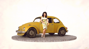 CGi Digital Art 3D Render Oil Painting Shader Minimalism Volkswagen Beetle Yellow Cobblestone Women  3840x2160 Wallpaper