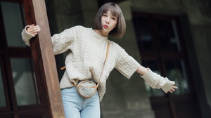 Asian Model Women Dark Hair Short Hair Jeans Pullover Arm Warmers Handbags Depth Of Field Sweater 1920x1280 Wallpaper