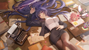 Anime Anime Girls Lying On Back Lying Down Purple Hair Purple Eyes Typewriters Paper Sword Weapon Bo 5120x2880 Wallpaper