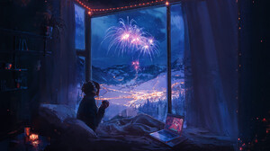 Aenami Artwork Digital Art Fireworks LofiGirl Laptop Window Bed Headphones In Bed Sky Mountains Cup  1920x1080 Wallpaper