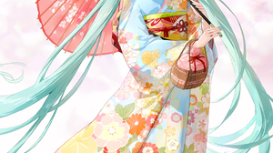 Anime Anime Girls Hatsune Miku Vocaloid Twintails Long Hair Umbrella Kimono Looking At Viewer Blushi 800x1417 Wallpaper