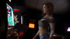 Ithius Eiros Women Redhead Digital Art 3D Dancer Jeans Short Tops Retro Games Video Games Green Eyes 1920x1080 wallpaper
