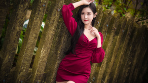 Asian Model Women Long Hair Dark Hair Fence Red Dress Depth Of Field Leaning Bushes 3840x2562 Wallpaper